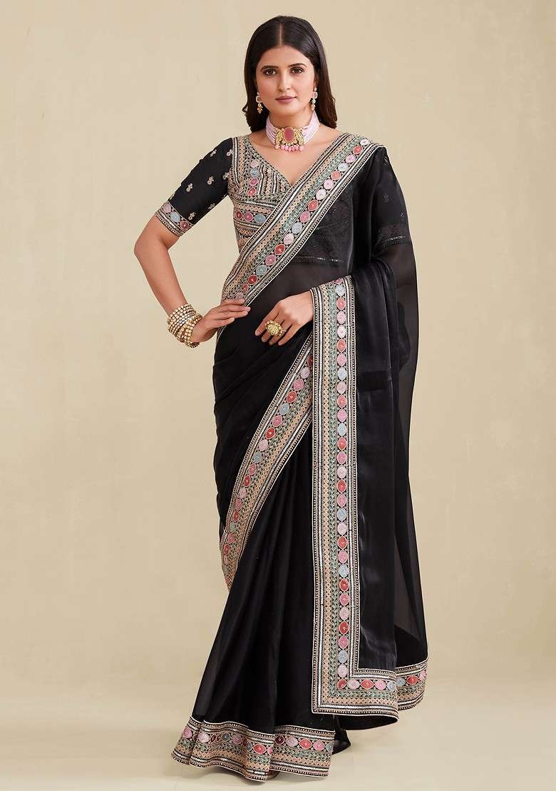 Black Stone Embroidered Organza Saree Set for Diwali and Festive Wear - Indya