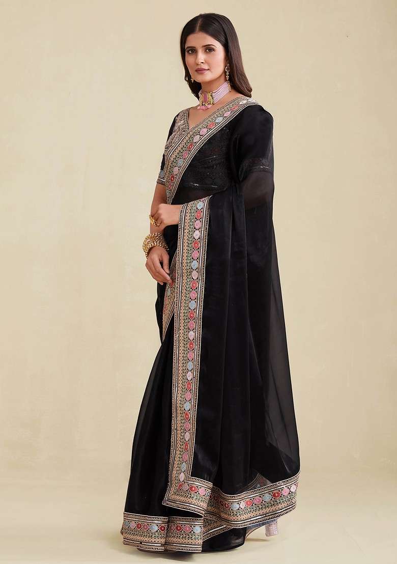 Black Stone Embroidered Organza Saree Set for Diwali and Festive Wear - Indya