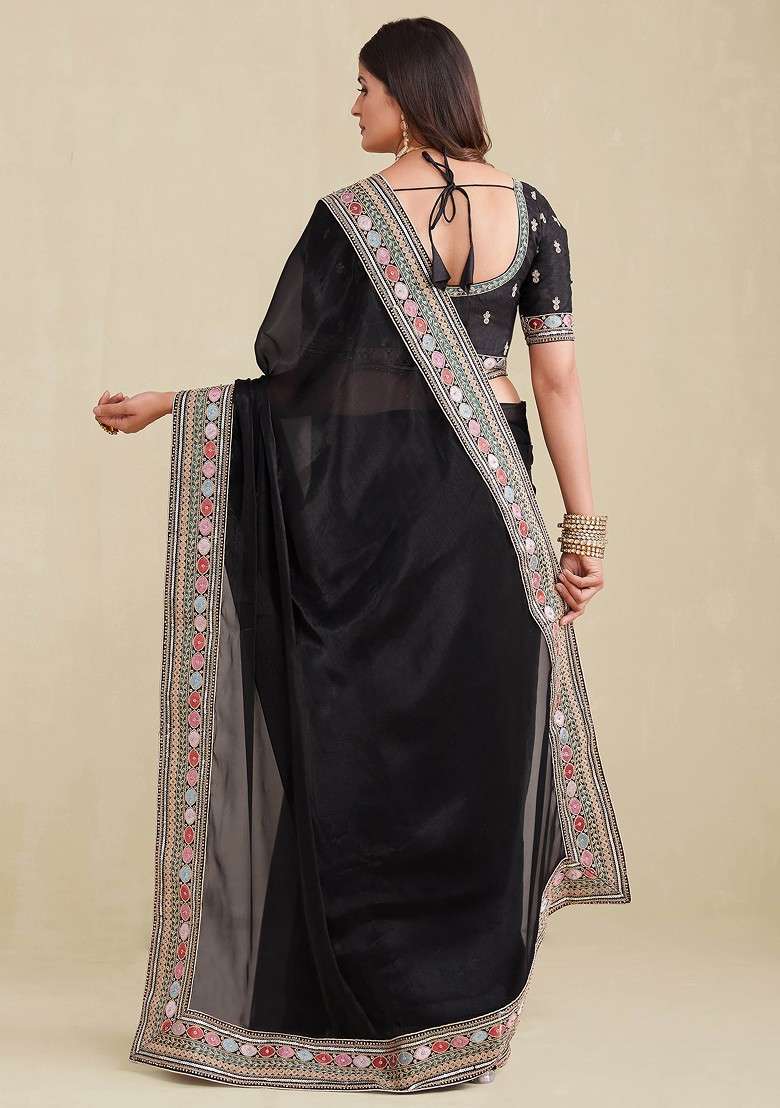 Black Stone Embroidered Organza Saree Set for Diwali and Festive Wear - Indya