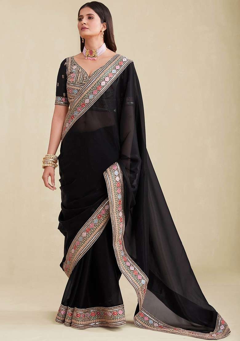 Black Stone Embroidered Organza Saree Set for Diwali and Festive Wear - Indya