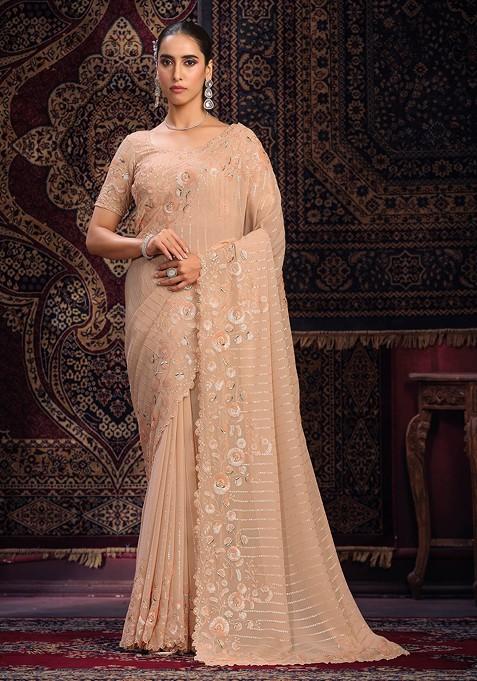 Peach Thread Sequin Embroidered Georgette Saree Set