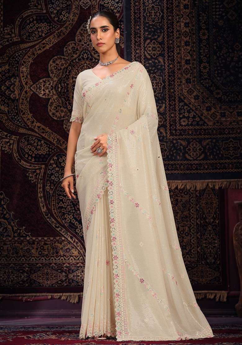 Off White Mirror Embroidered Georgette Saree Set with Embroidered & Sequin for Diwali | Wedding & Festive Wear - Indya