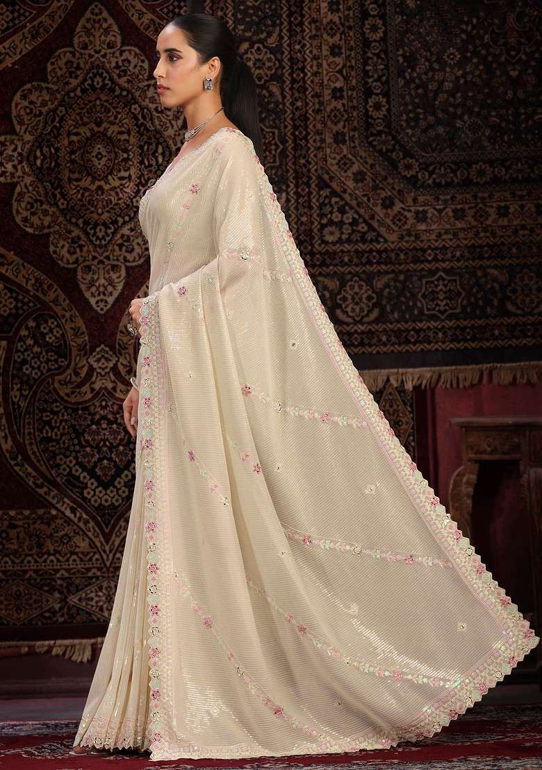 Off White Mirror Embroidered Georgette Saree Set with Embroidered & Sequin for Diwali | Wedding & Festive Wear - Indya