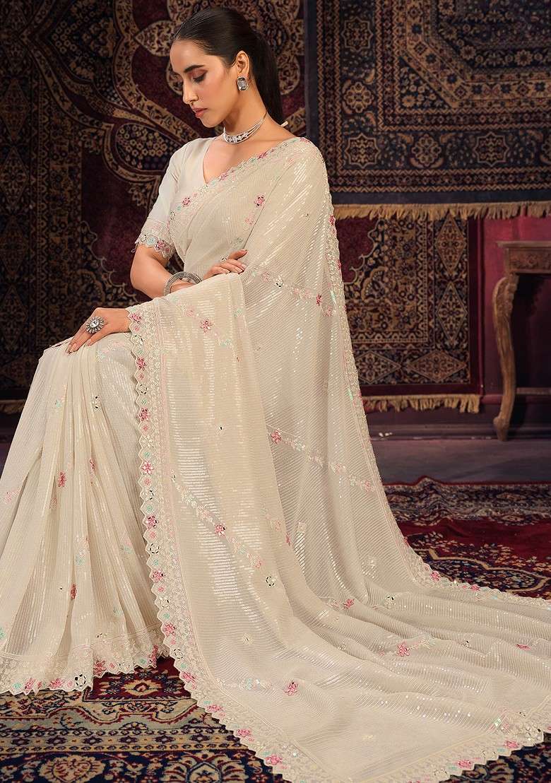 Off White Mirror Embroidered Georgette Saree Set with Embroidered & Sequin for Diwali | Wedding & Festive Wear - Indya