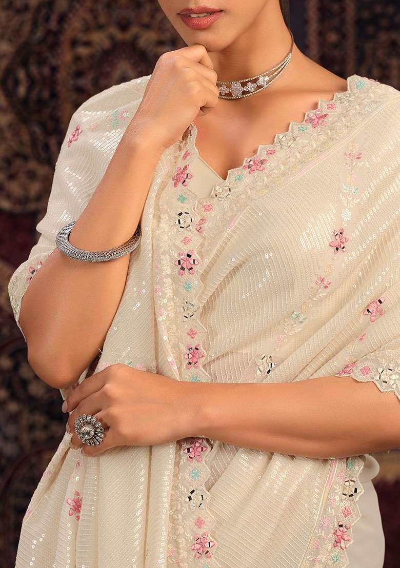 Off White Mirror Embroidered Georgette Saree Set with Embroidered & Sequin for Diwali | Wedding & Festive Wear - Indya