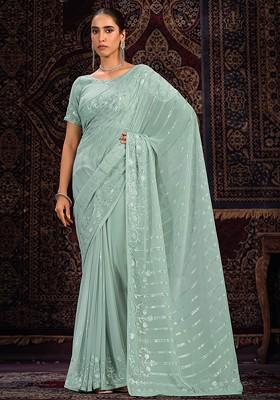 Sea Green Sequin Embroidered Georgette Saree Set
