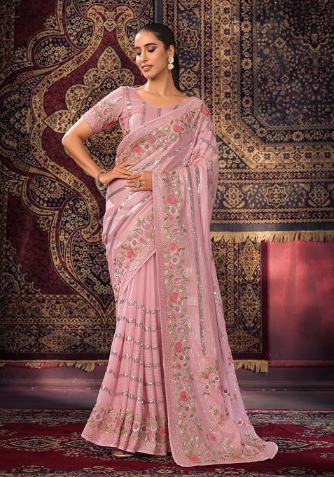 Pink Sequin Thread Embroidered Georgette Saree Set