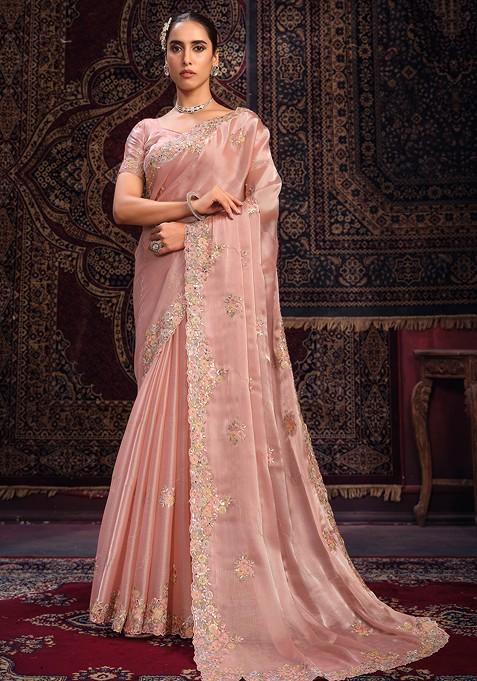 Peach Mirror Thread Embroidered Organza Saree Set