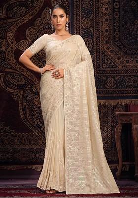 Off White Sequin Thread Embroidered Georgette Saree Set