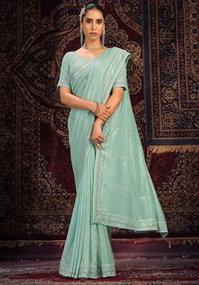 Firozi Mirror Thread Embroidered Georgette Saree Set