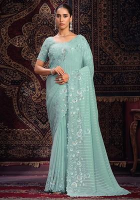 Firozi Sequin Thread Embroidered Georgette Saree Set