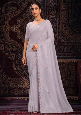 Lavender Mirror Thread Embroidered Georgette Saree Set