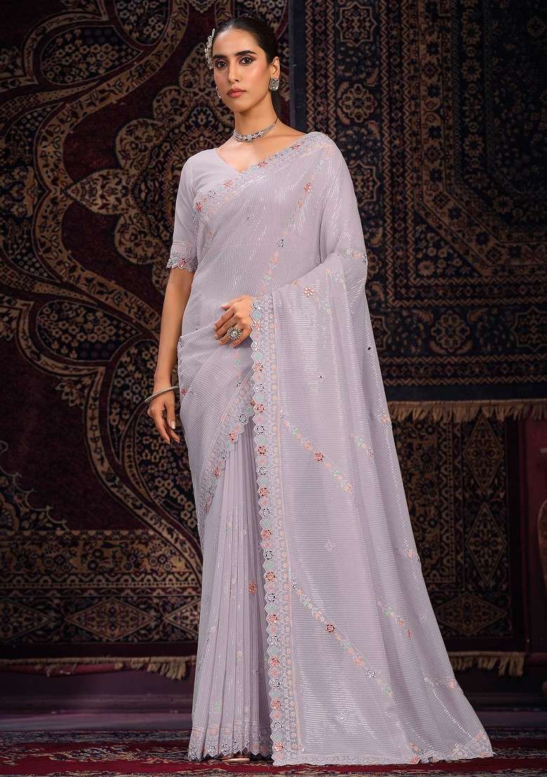 Lavender Mirror Thread Embroidered Georgette Saree Set for Diwali and Festive Wear - Indya