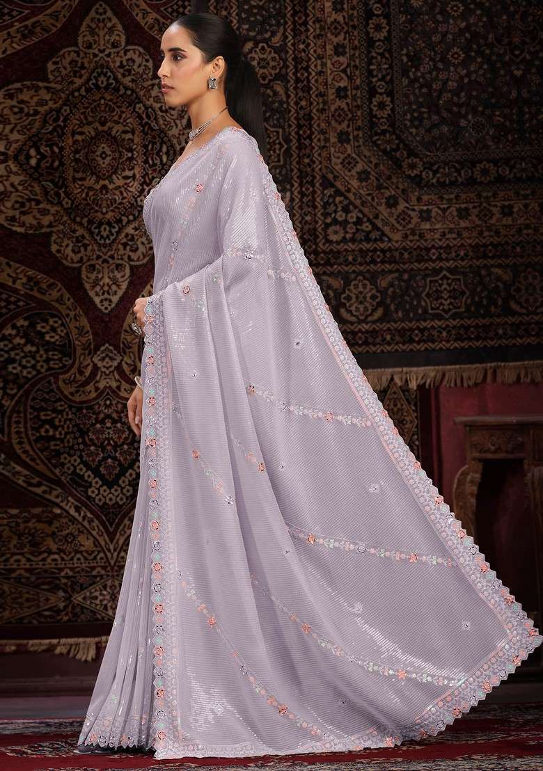 Lavender Mirror Thread Embroidered Georgette Saree Set for Diwali and Festive Wear - Indya