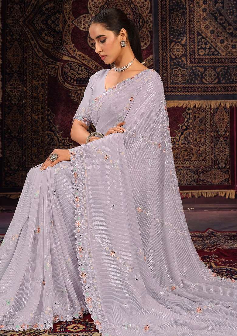 Lavender Mirror Thread Embroidered Georgette Saree Set for Diwali and Festive Wear - Indya