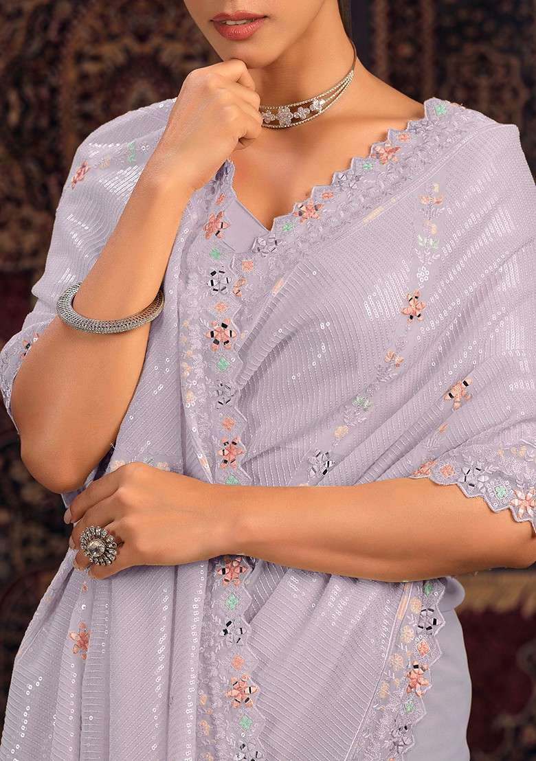 Lavender Mirror Thread Embroidered Georgette Saree Set for Diwali and Festive Wear - Indya