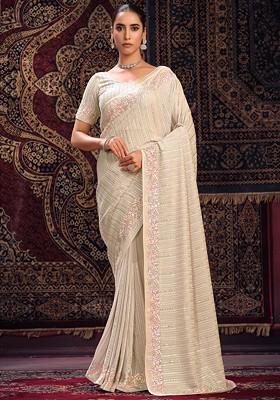 Off White Mirror Thread Embroidered Georgette Saree Set