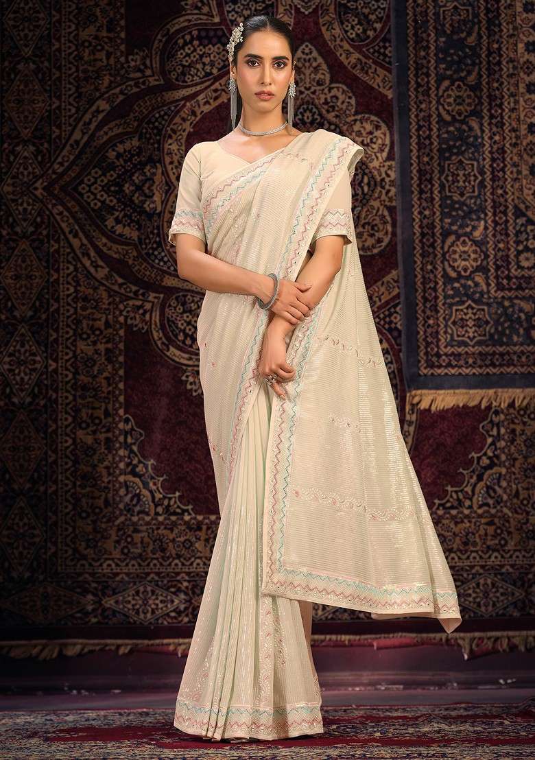 Off White Thread Georgette Saree Set with Embroidered & Sequin for Diwali | Wedding & Festive Wear - Indya