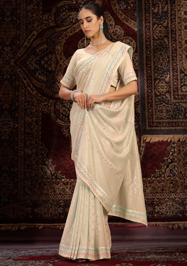 Off White Thread Georgette Saree Set with Embroidered & Sequin for Diwali | Wedding & Festive Wear - Indya