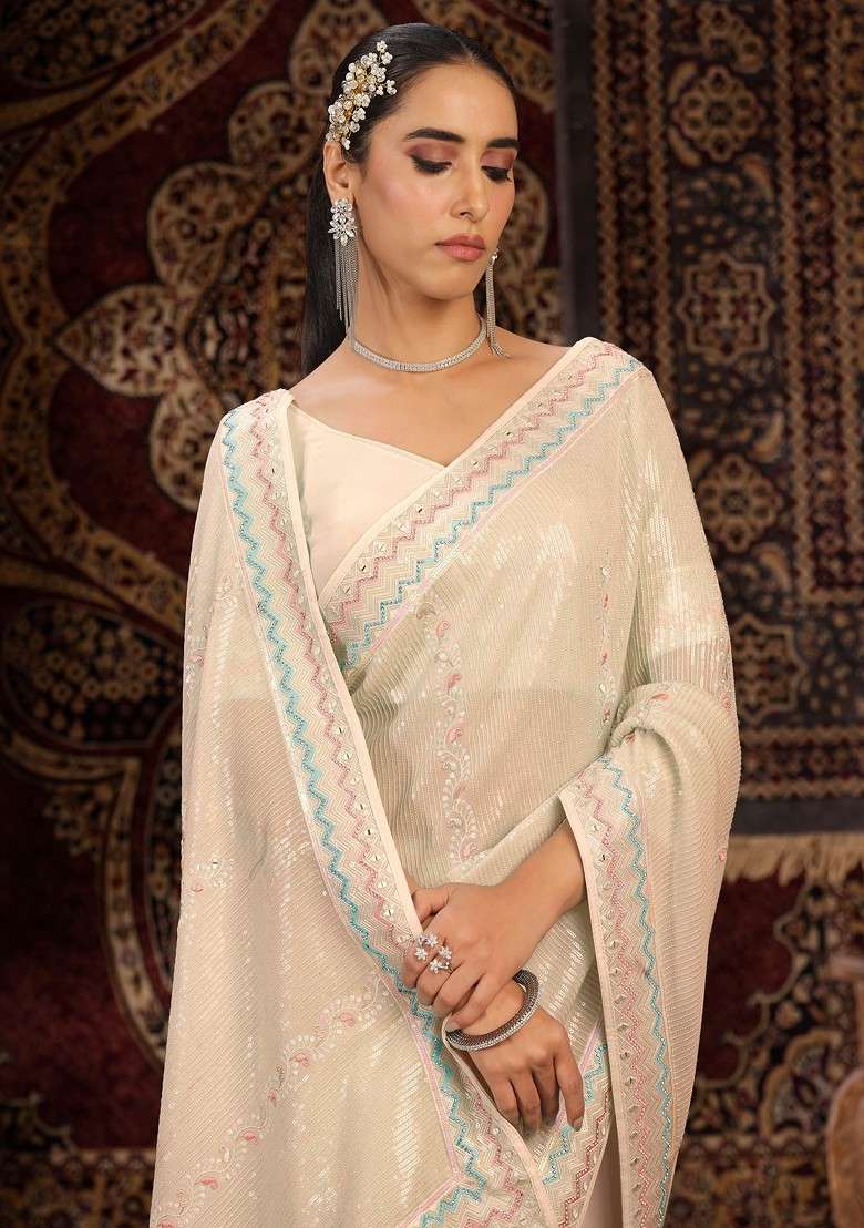 Off White Thread Georgette Saree Set with Embroidered & Sequin for Diwali | Wedding & Festive Wear - Indya