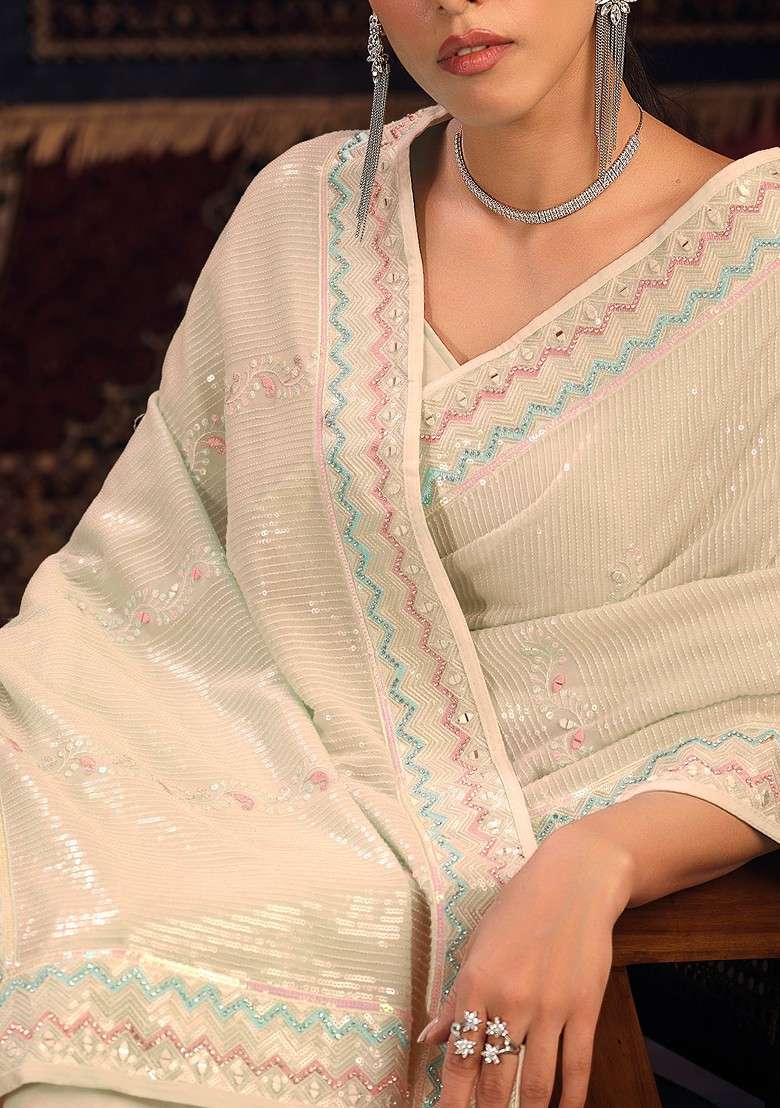 Off White Thread Georgette Saree Set with Embroidered & Sequin for Diwali | Wedding & Festive Wear - Indya