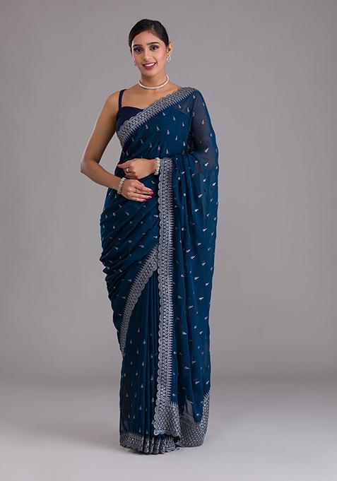 Green Sequin Embroidered Chinon Saree Set