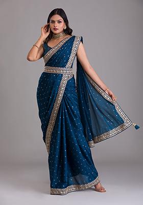 Navy Blue Sequin Embroidered Art Silk Saree Set