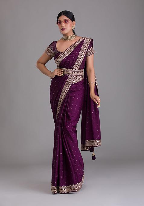 Maroon Sequin Embroidered Art Silk Saree Set