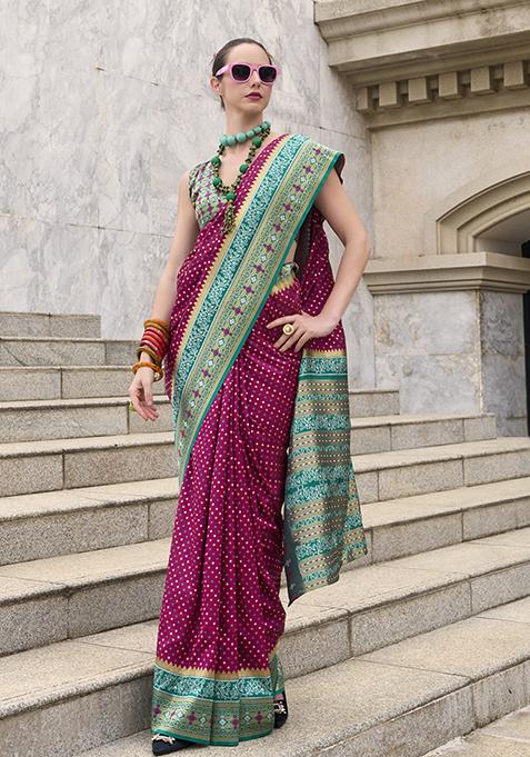 Burgundy Zari Woven Design Banarasi Silk Saree Set