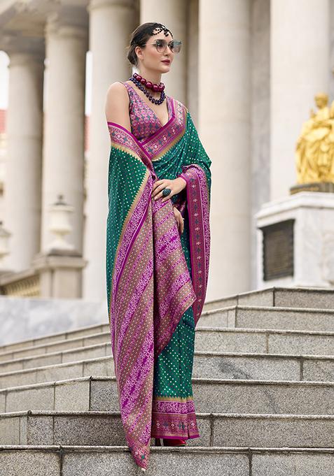 Dark Green Zari Woven Design Banarasi Silk Saree Set