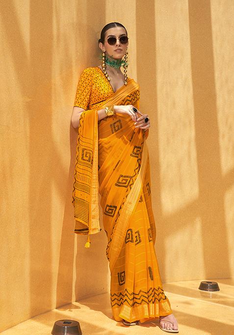 Yellow Abstract Print Georgette Saree Set