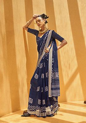 Navy Blue Abstract Print Georgette Saree Set