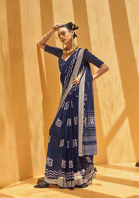 Navy Blue Abstract Print Georgette Saree Set