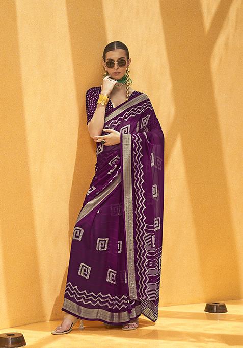 Purple Abstract Print Georgette Saree Set