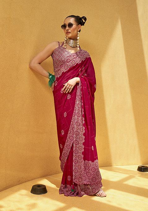 Hot Pink Floral Print Georgette Saree Set