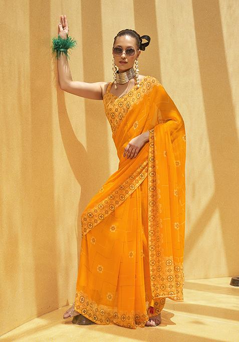 Yellow Floral Print Georgette Saree Set