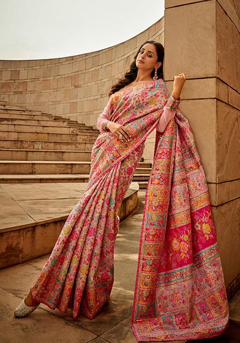 Light Pink Printed Woven Silk Saree Set