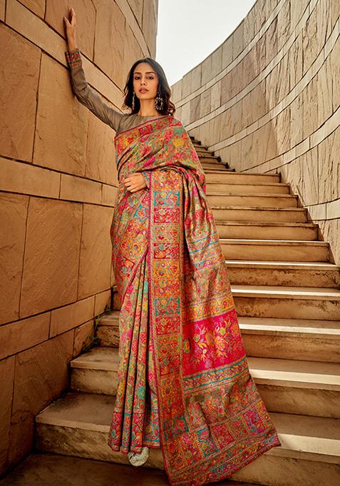 Multicolour Printed Woven Silk Saree Set