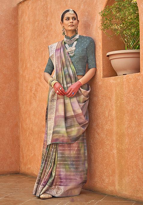 Multicolour Printed Woven Saree Set