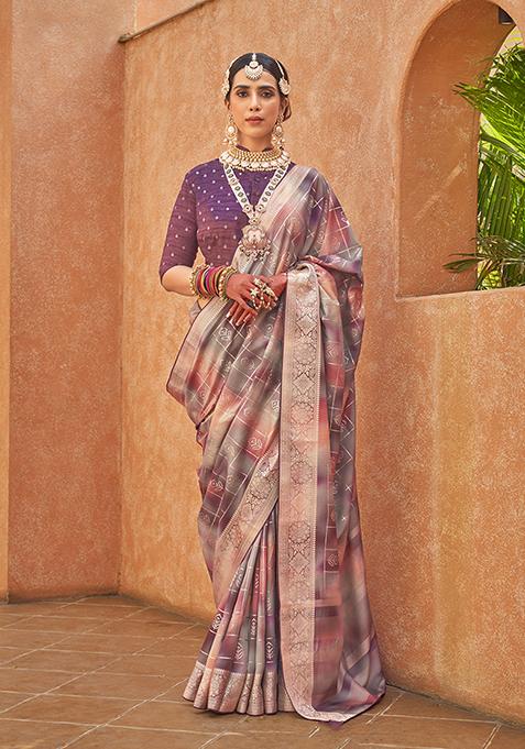 Multicolour Printed Woven Silk Saree Set