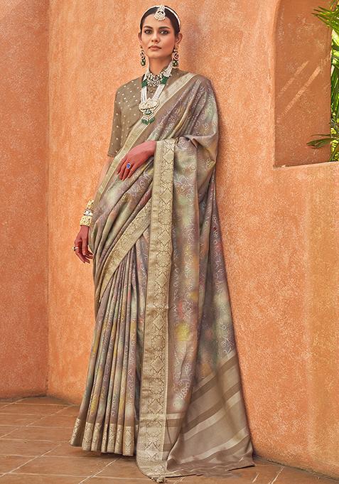 Light Brown Printed Woven Silk Saree Set