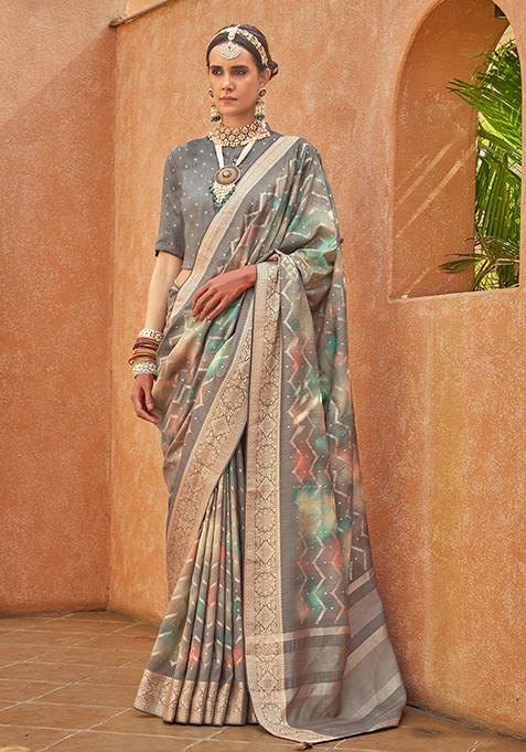 Grey Printed Woven Silk Saree Set