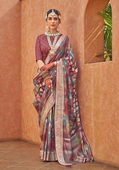 Multicolour Printed Woven Silk Saree Set