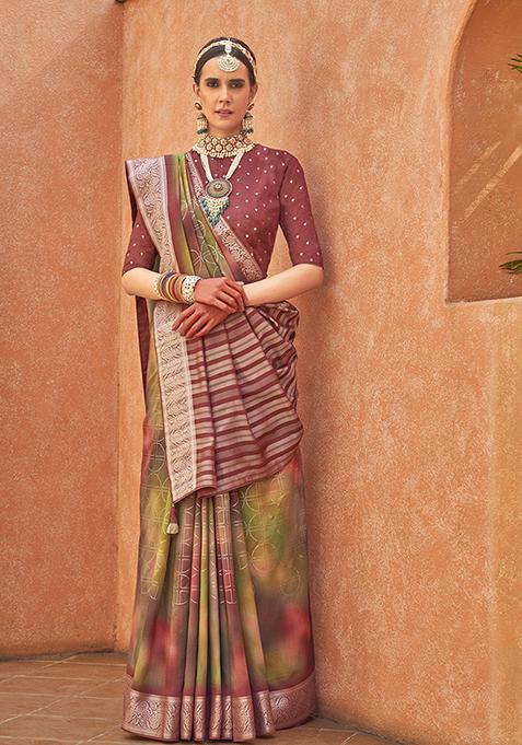 Multicolour Woven Printed  Silk Saree Set