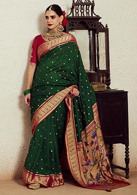 Dark Green Zari Woven Brasso Saree Set