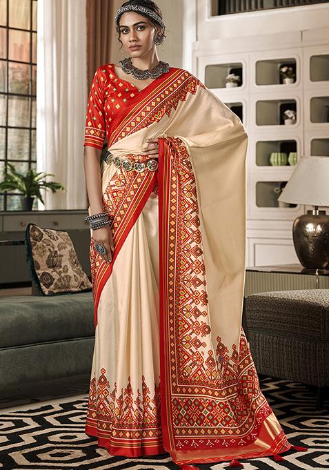 Cream Zari Woven Silk Saree Set