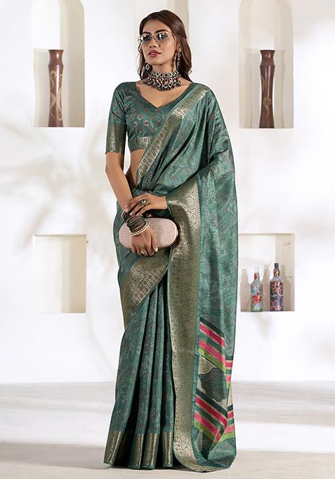 Teal Printed Woven Silk Saree Set