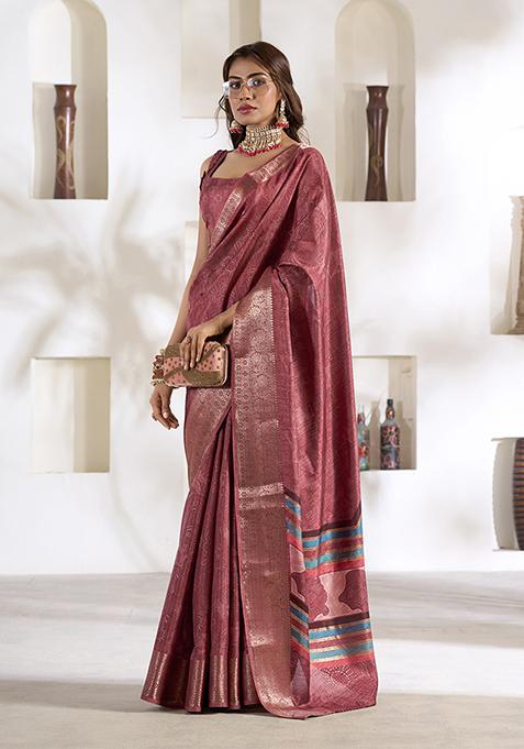 Light Pink Printed Woven Silk Saree Set