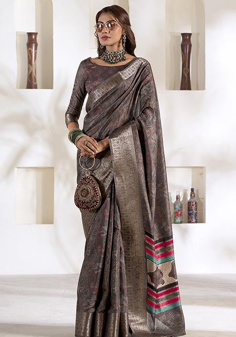 Grey Printed Woven Silk Saree Set