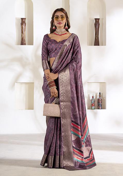 Mauve Printed Woven Silk Saree Set